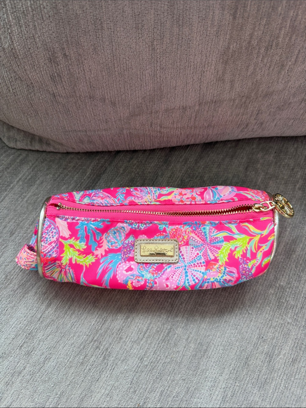 Lilly Pulitzer Neon Pink Tropical Cosmetic Pouch with Gold Accent